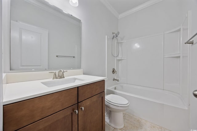 bathroom with crown molding, toilet, vanity,  shower combination, and tile patterned floors