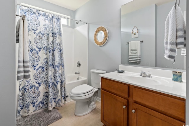 bathroom with toilet, vanity, shower / bathtub combination with curtain, and tile patterned flooring