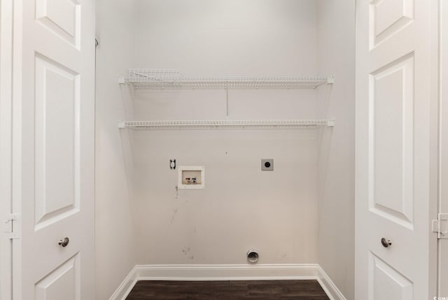 1435 Saint Thomas Cir Unit E-1, Myrtle Beach, SC 29577 - washroom with hookup for an electric dryer, dark wood-style floors, washer hookup, and baseboards