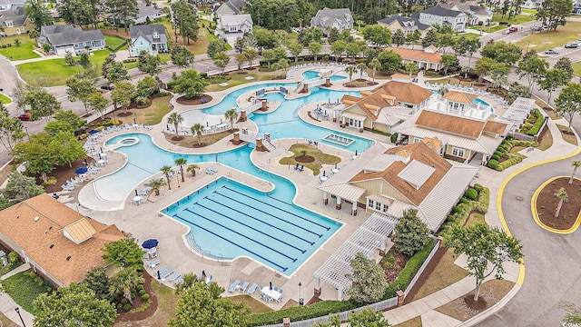 aerial perspective of suburban area with a pool