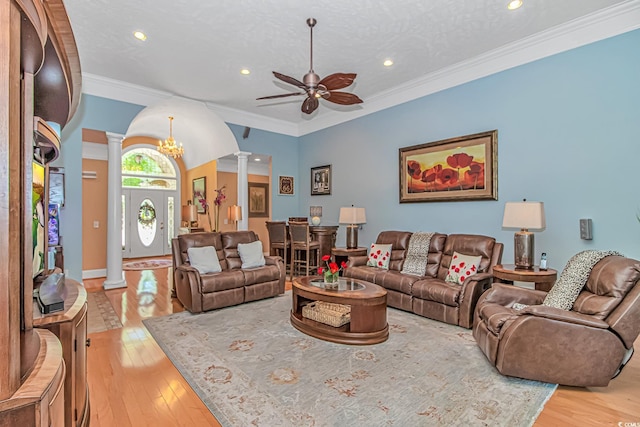 1206 Spinnaker Dr, North Myrtle Beach, SC 29582 - living room with decorative columns, a ceiling fan, recessed lighting, light wood-style floors, and ornamental molding