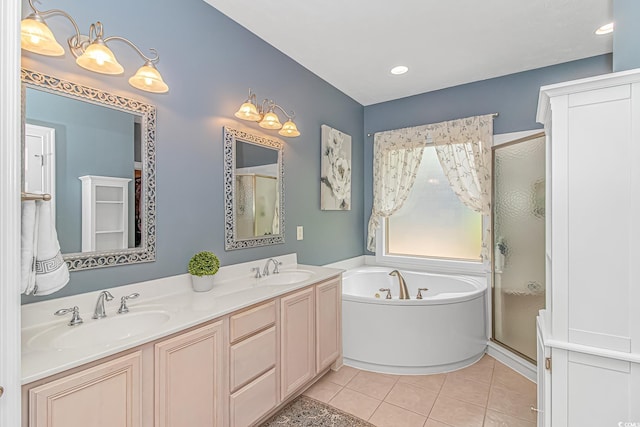 1206 Spinnaker Dr, North Myrtle Beach, SC 29582 - bathroom featuring a stall shower, a bath, double vanity, tile patterned flooring, and recessed lighting