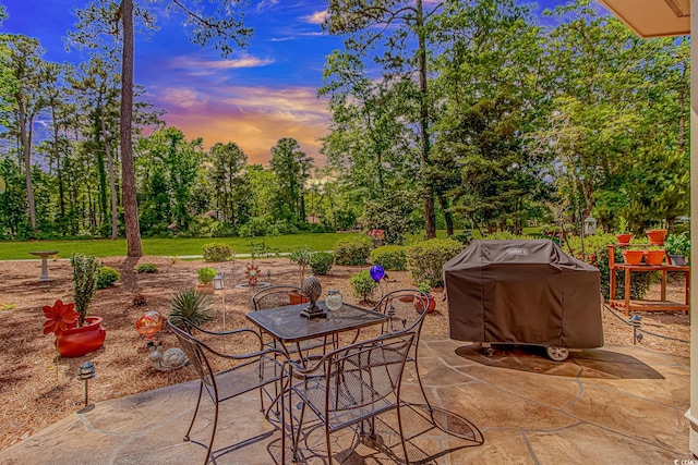 1206 Spinnaker Dr, North Myrtle Beach, SC 29582 - patio terrace at dusk with a patio area, a grill, outdoor dining space, and view of scattered trees