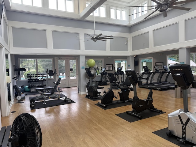 1206 Spinnaker Dr, North Myrtle Beach, SC 29582 - exercise room with ceiling fan, a towering ceiling, french doors, and wood finished floors