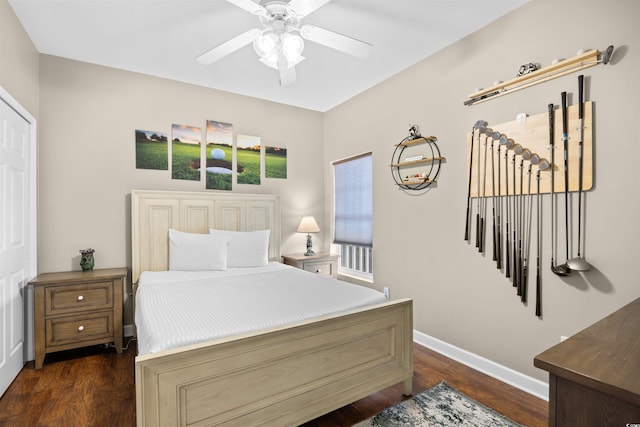 3401 N Ocean Blvd Unit 309, North Myrtle Beach, SC 29582 - bedroom featuring dark wood-type flooring, baseboards, and a ceiling fan