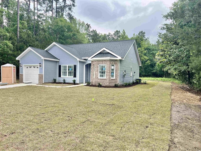 2593 Main St, Loris, SC 29569 - ranch-style home with a garage, a front lawn, brick siding, and a shingled roof