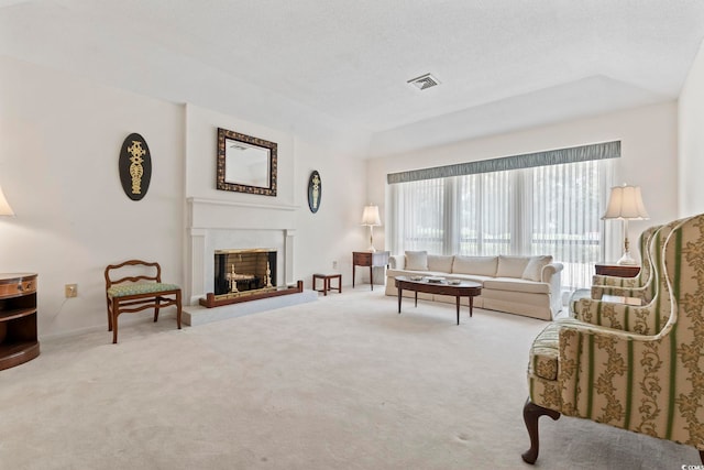 living area featuring carpet floors and a premium fireplace