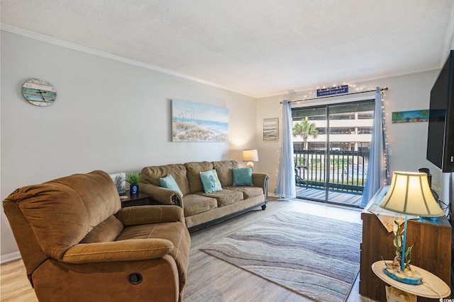 6000 N Ocean Blvd Unit 133, North Myrtle Beach, SC 29582 - living area with light wood-type flooring, crown molding, and a textured ceiling