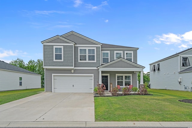view of front of home featuring covered porch, an attached garage, a front lawn, and concrete driveway