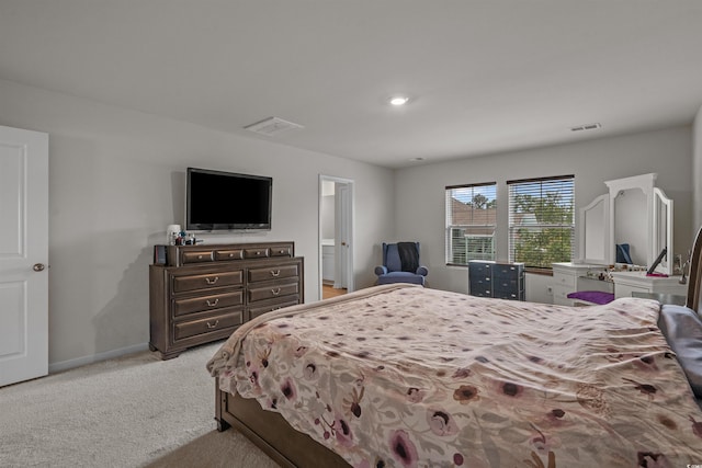 carpeted bedroom with baseboards and recessed lighting