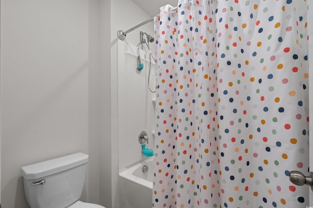 bathroom featuring toilet and shower / bathtub combination with curtain
