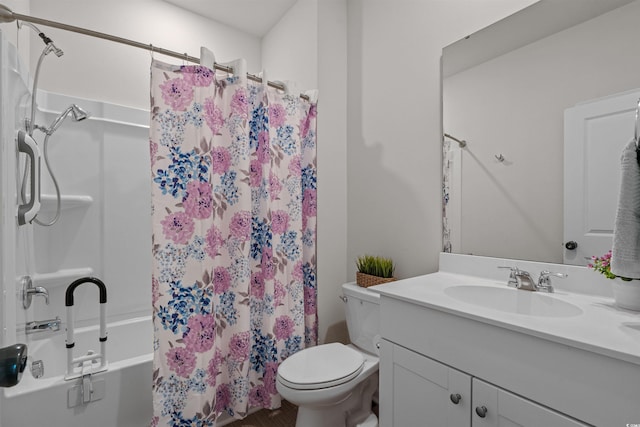 bathroom with shower / bath combination with curtain, toilet, and vanity