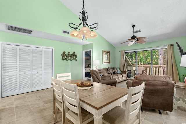 400 Melrose Pl Unit 14E, Myrtle Beach, SC 29572 - dining area with a chandelier, high vaulted ceiling, ceiling fan, and light tile patterned floors