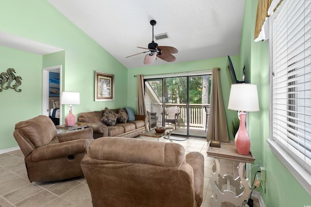 400 Melrose Pl Unit 14E, Myrtle Beach, SC 29572 - living area with light tile patterned floors, a ceiling fan, lofted ceiling, and baseboards