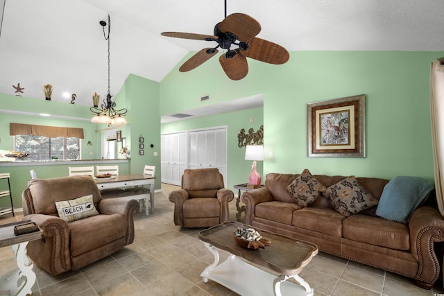 400 Melrose Pl Unit 14E, Myrtle Beach, SC 29572 - tiled living area featuring ceiling fan, high vaulted ceiling, and a chandelier