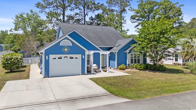 view of front of home with driveway, a garage, a gate, and a shingled roof