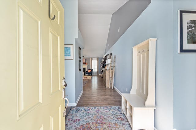 foyer entrance featuring wood finished floors and baseboards