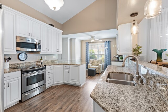 kitchen featuring stainless steel appliances, a sink, a peninsula, white cabinetry, and wood finished floors