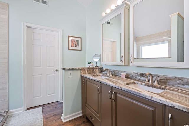 bathroom featuring wood finished floors, double vanity, and baseboards