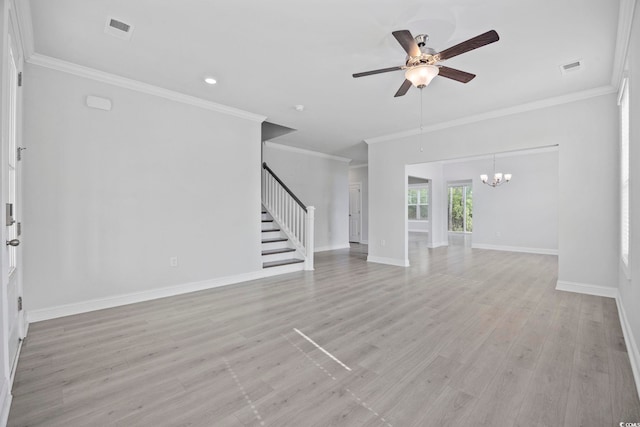 1303 Bermuda Grass Dr, Myrtle Beach, SC 29579 - unfurnished living room featuring stairway, a chandelier, a ceiling fan, ornamental molding, and light wood-style floors