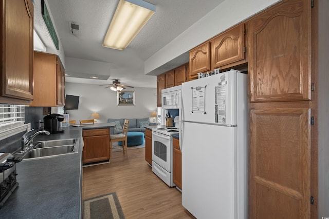 kitchen with white appliances, a sink, a ceiling fan, open floor plan, and light wood finished floors