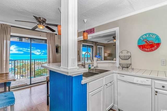 kitchen with dishwasher, a ceiling fan, a sink, a textured ceiling, and white cabinets