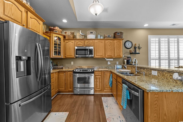kitchen featuring stainless steel appliances, a sink, a peninsula, dark wood-style flooring, and light stone counters