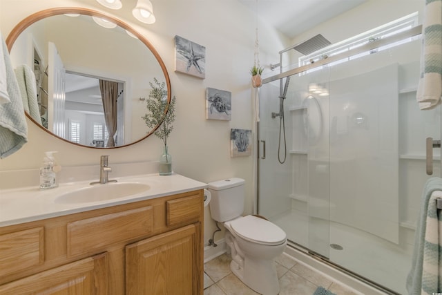 bathroom featuring a shower stall, toilet, tile patterned flooring, and vanity