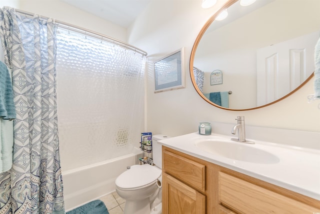 full bath featuring tile patterned flooring, toilet, vanity, and shower / bath combination with curtain