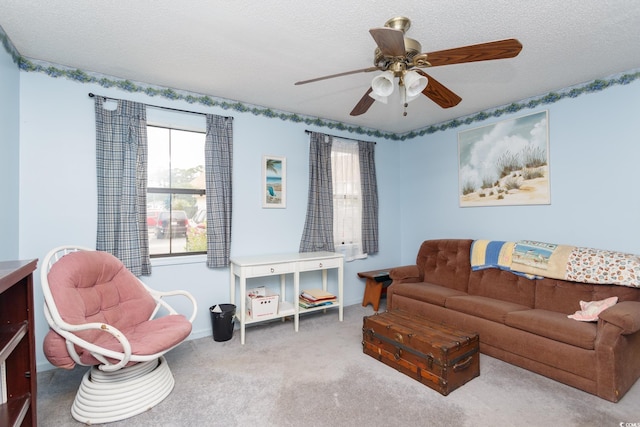 510 Fairwood Lakes Dr Unit 17-P, Myrtle Beach, SC 29588 - living area featuring carpet, ceiling fan, baseboards, and a textured ceiling