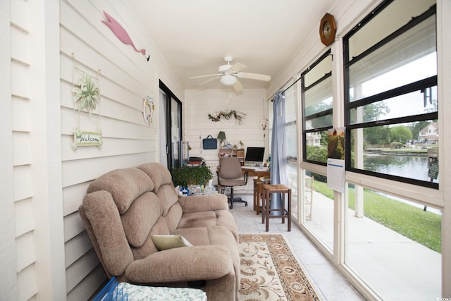 510 Fairwood Lakes Dr Unit 17-P, Myrtle Beach, SC 29588 - sunroom featuring a ceiling fan, tile patterned floors, and wood walls