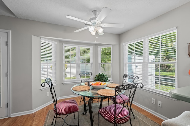 dining space with wood finished floors, plenty of natural light, and a ceiling fan