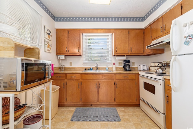 2191 Liberty Cir, Little River, SC 29566 - kitchen featuring white appliances, a sink, under cabinet range hood, light countertops, and brown cabinets