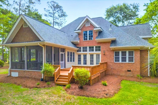 79 Windsor Cir SW, Ocean Isle Beach, NC 28469 - rear view of house with crawl space, a sunroom, roof with shingles, a wooden deck, and a yard