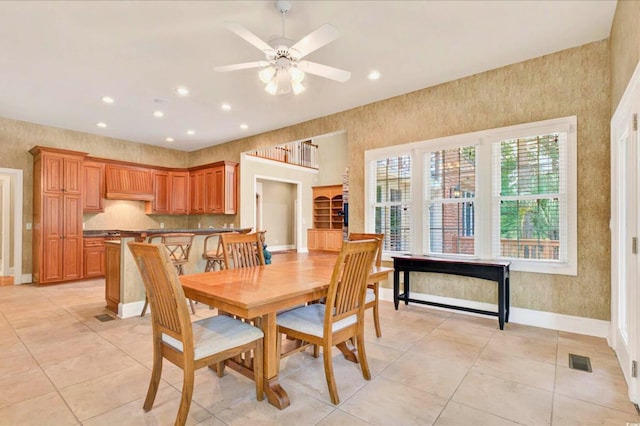 79 Windsor Cir SW, Ocean Isle Beach, NC 28469 - dining room featuring baseboards, recessed lighting, light tile patterned floors, a ceiling fan, and wallpapered walls