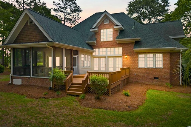 79 Windsor Cir SW, Ocean Isle Beach, NC 28469 - back of house featuring a shingled roof, a sunroom, a wooden deck, and crawl space