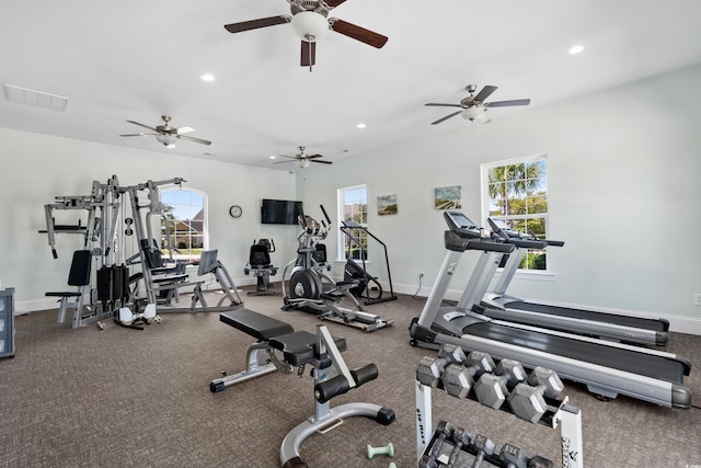 exercise room with plenty of natural light, recessed lighting, baseboards, and ceiling fan