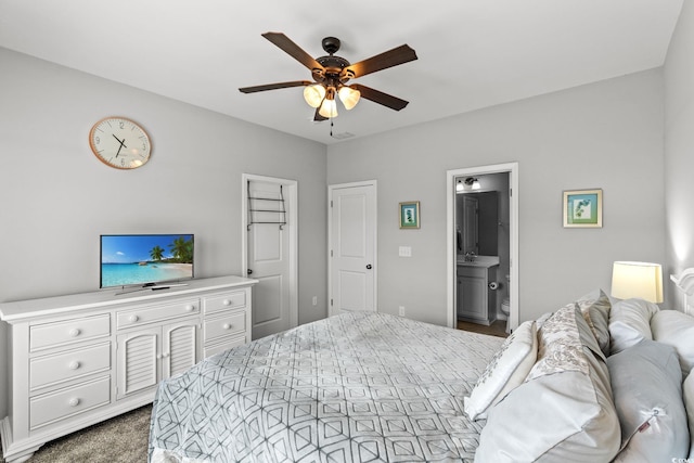 bedroom with connected bathroom and ceiling fan
