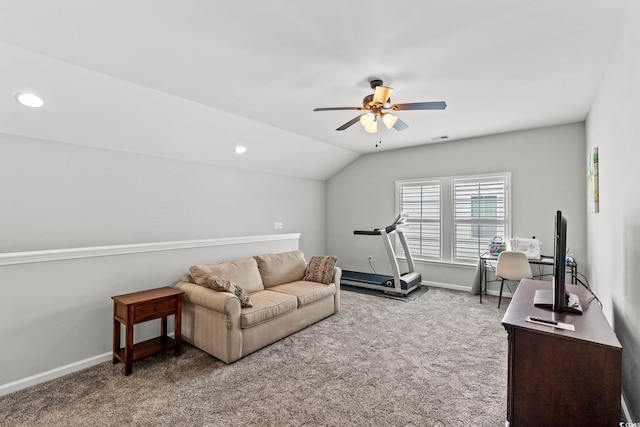 living area featuring carpet floors, a ceiling fan, baseboards, lofted ceiling, and recessed lighting