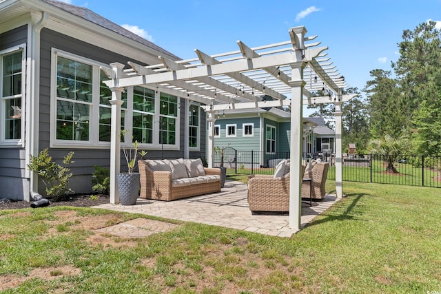 rear view of house with a pergola, outdoor lounge area, and a patio