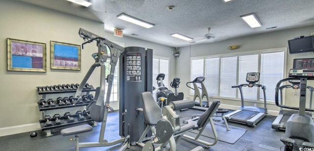 9780 Leyland Dr Unit 112, Myrtle Beach, SC 29572 - workout area with baseboards, a textured ceiling, and a ceiling fan