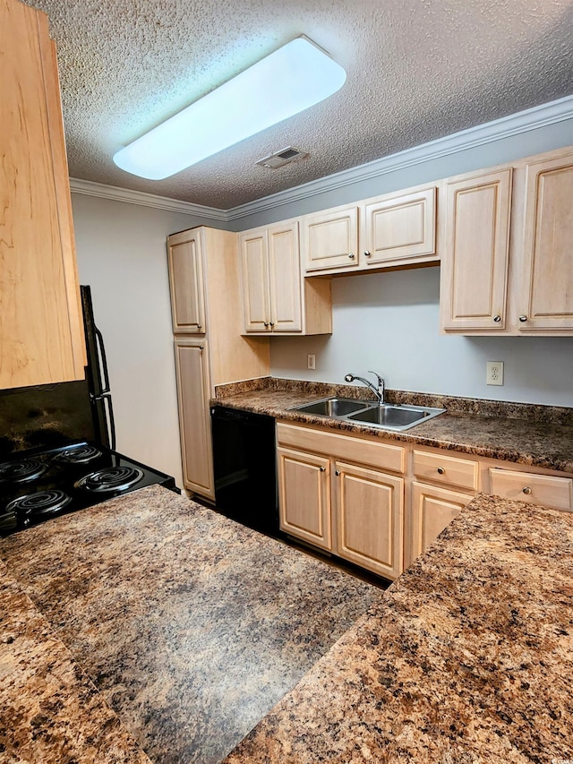 3786 Hitchcock Way Unit 321, Myrtle Beach, SC 29577 - kitchen with black appliances, crown molding, a sink, a textured ceiling, and light brown cabinets