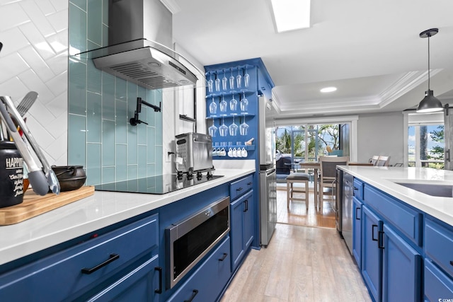 kitchen with blue cabinets, appliances with stainless steel finishes, island exhaust hood, a raised ceiling, and healthy amount of natural light