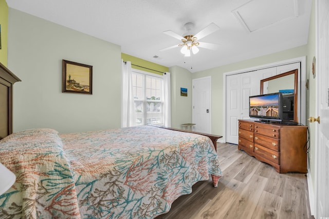 503 20th Ave N Unit 46B, North Myrtle Beach, SC 29582 - bedroom with light wood finished floors, attic access, and ceiling fan