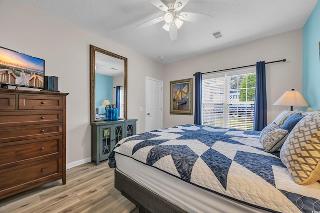 503 20th Ave N Unit 46B, North Myrtle Beach, SC 29582 - bedroom with light wood-style floors, a textured ceiling, baseboards, and ceiling fan