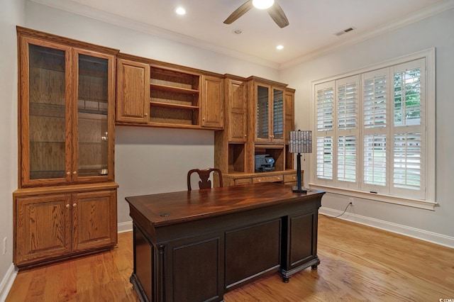 78 Oakmont Dr, Pawleys Island, SC 29585 - office area with ceiling fan, light wood-type flooring, crown molding, baseboards, and recessed lighting