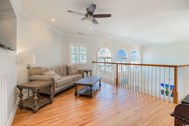 78 Oakmont Dr, Pawleys Island, SC 29585 - living area with ceiling fan, light wood-style floors, recessed lighting, and ornamental molding