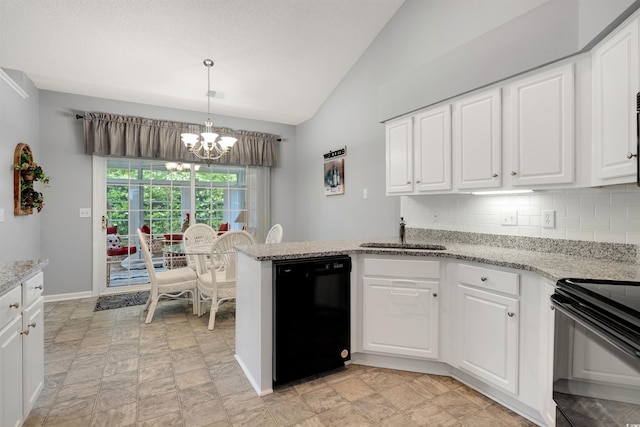 kitchen featuring black appliances, a chandelier, lofted ceiling, a sink, and white cabinets