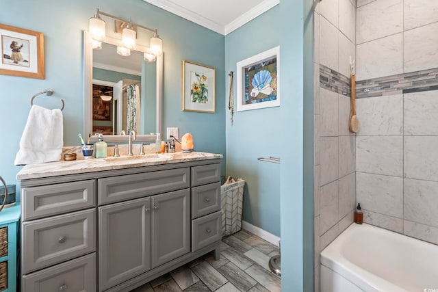full bath featuring ornamental molding, vanity, baseboards, shower / tub combo with curtain, and marble finish floors