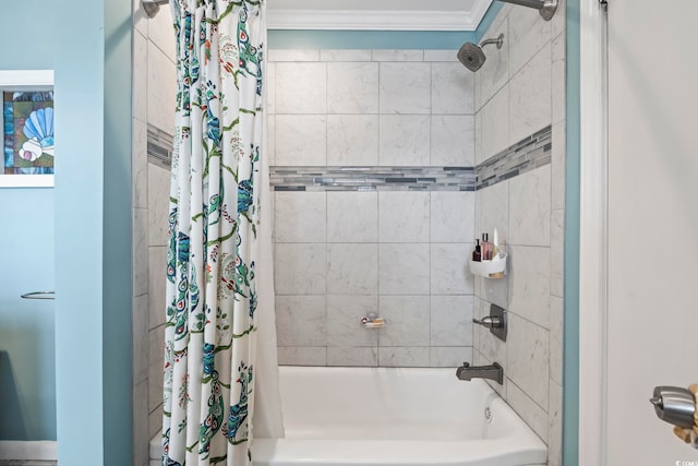bathroom featuring shower / bathtub combination with curtain and crown molding